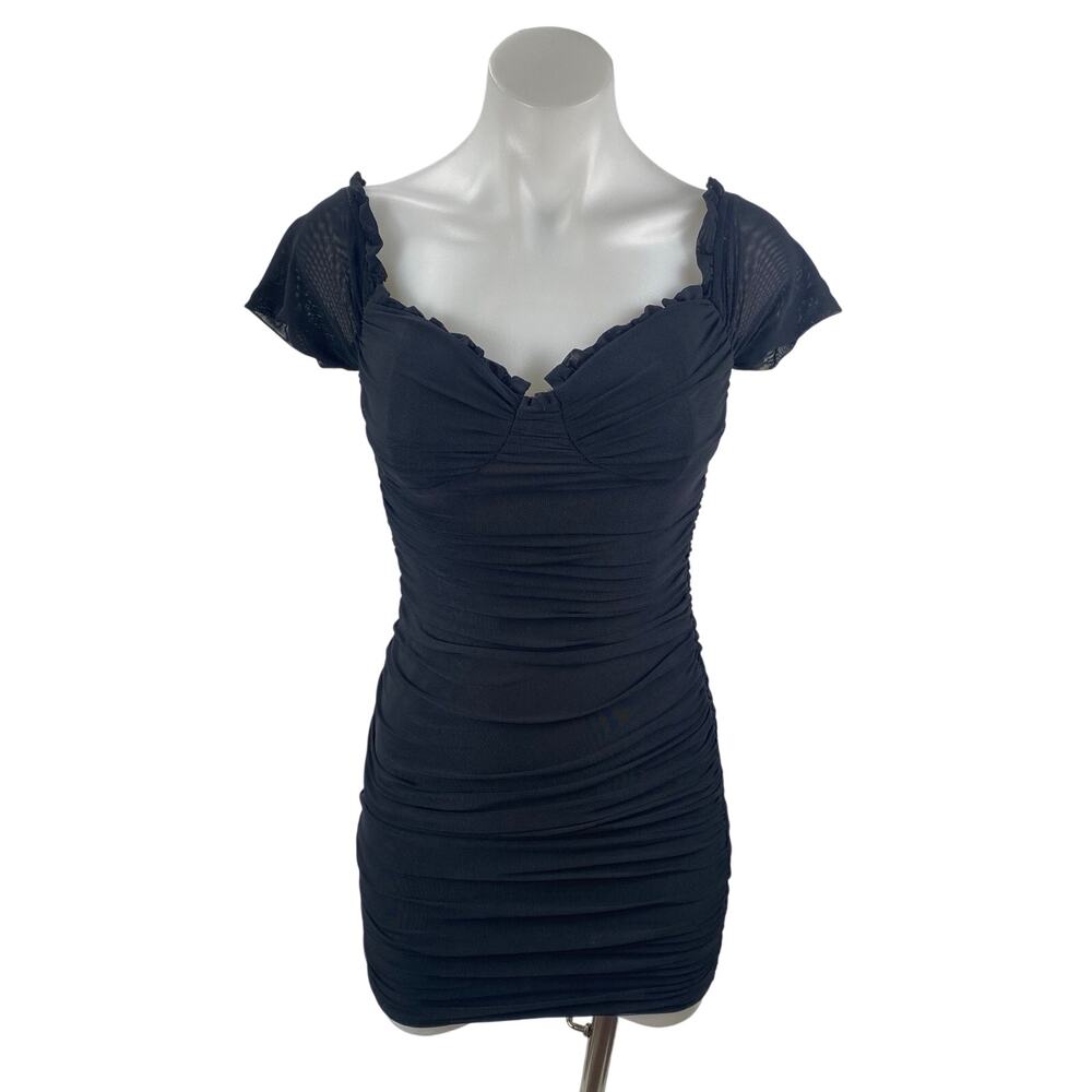 Windsor Black Mesh Ruched Sweetheart Ruffled Cap Sleeve Mini Bodycon Dress Sz S